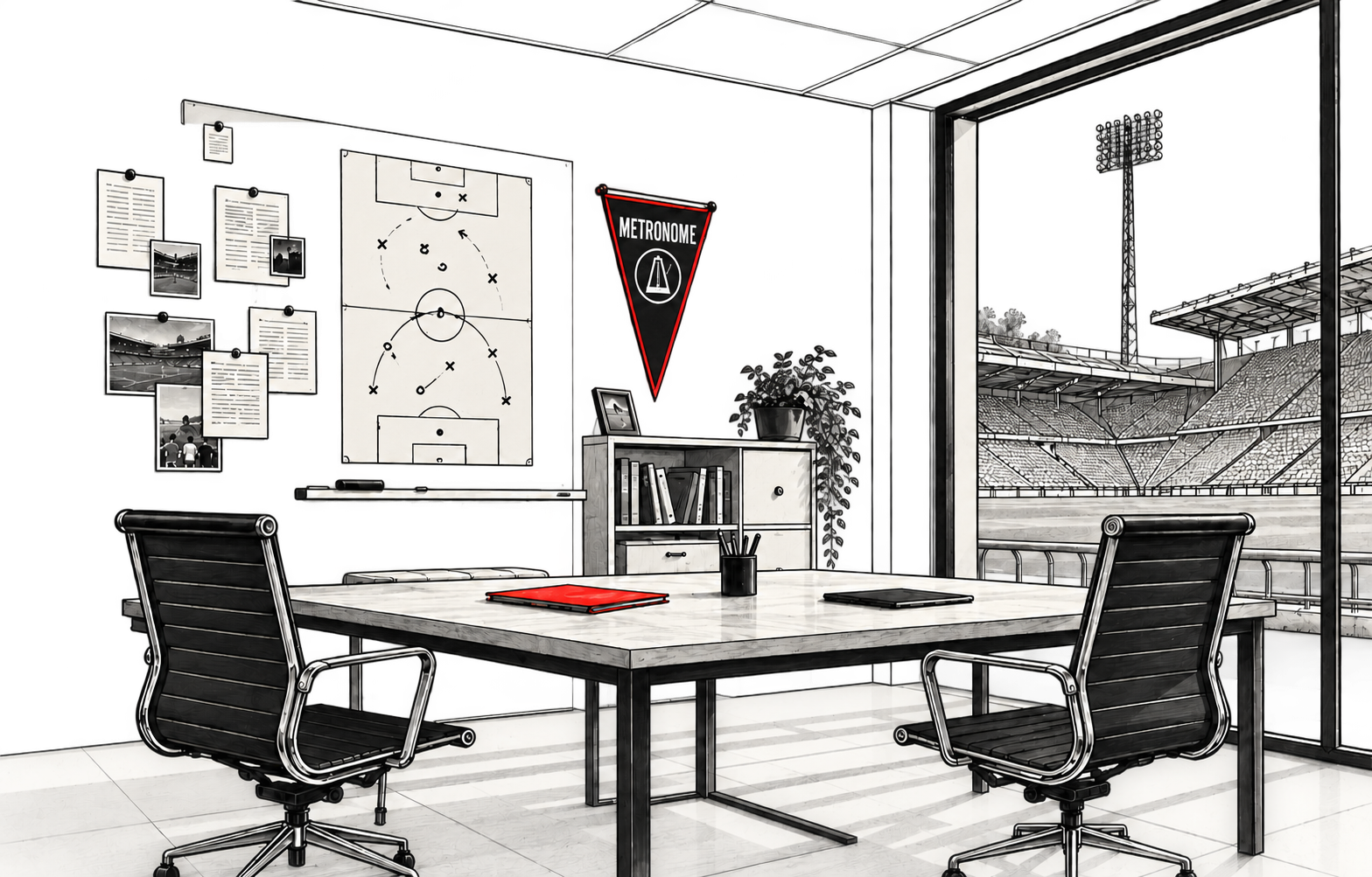 Illustrated football director's office with meeting table, two chairs, tactics board and stadium view