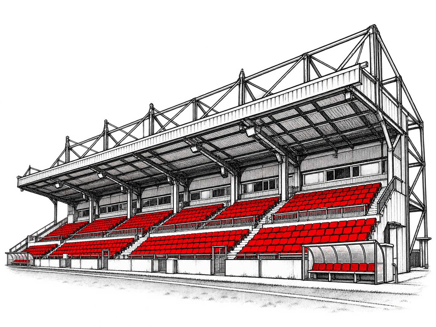 Illustrated football grandstand with red seating