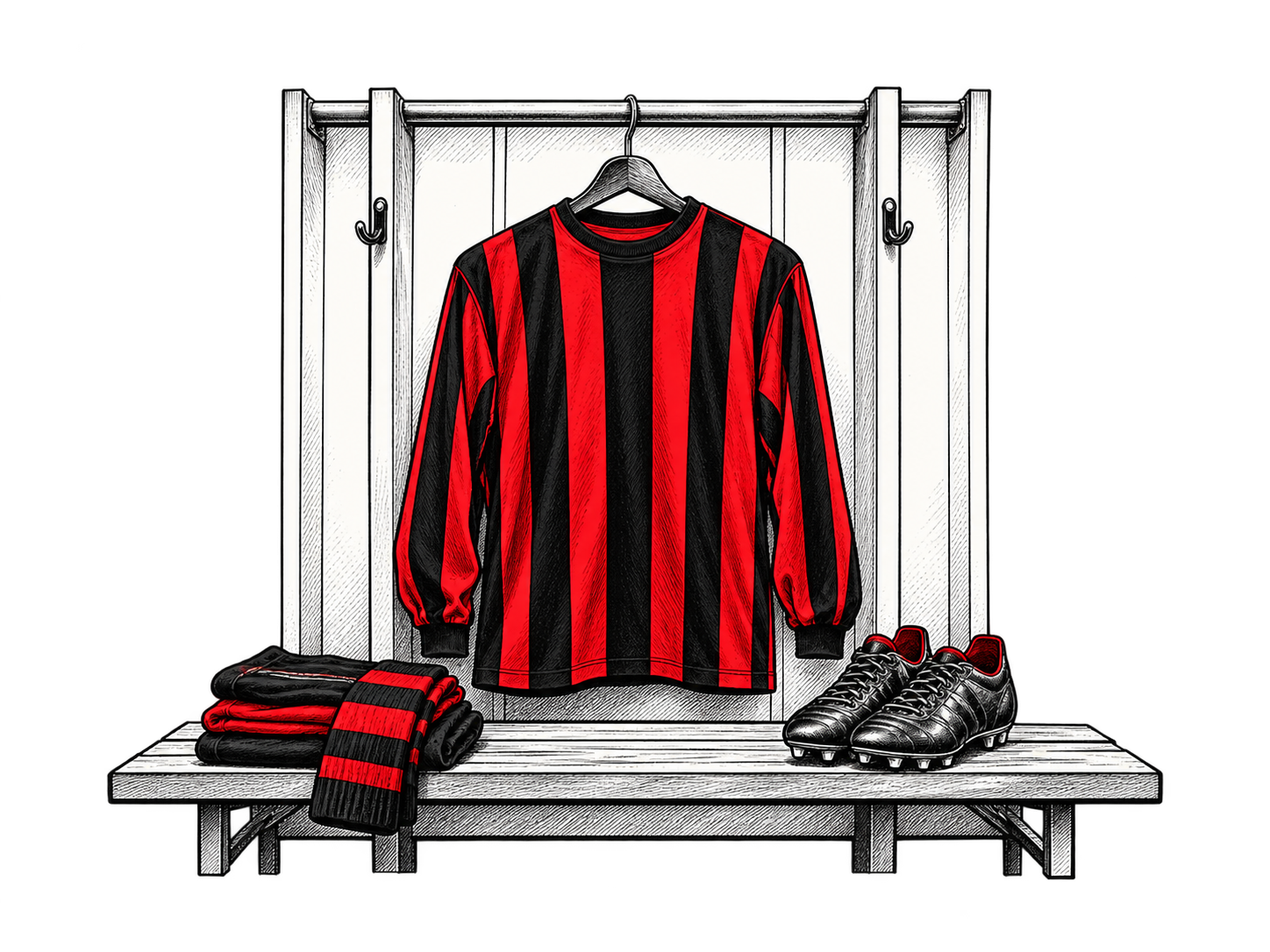 Illustrated black and red football shirt in a kit room
