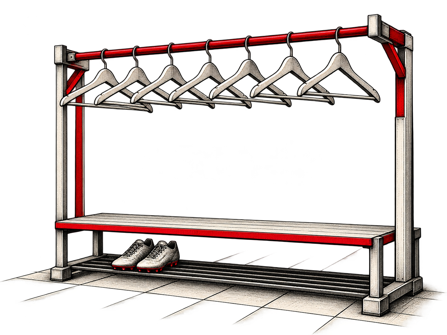 An empty football shirt rail with hangers and boots