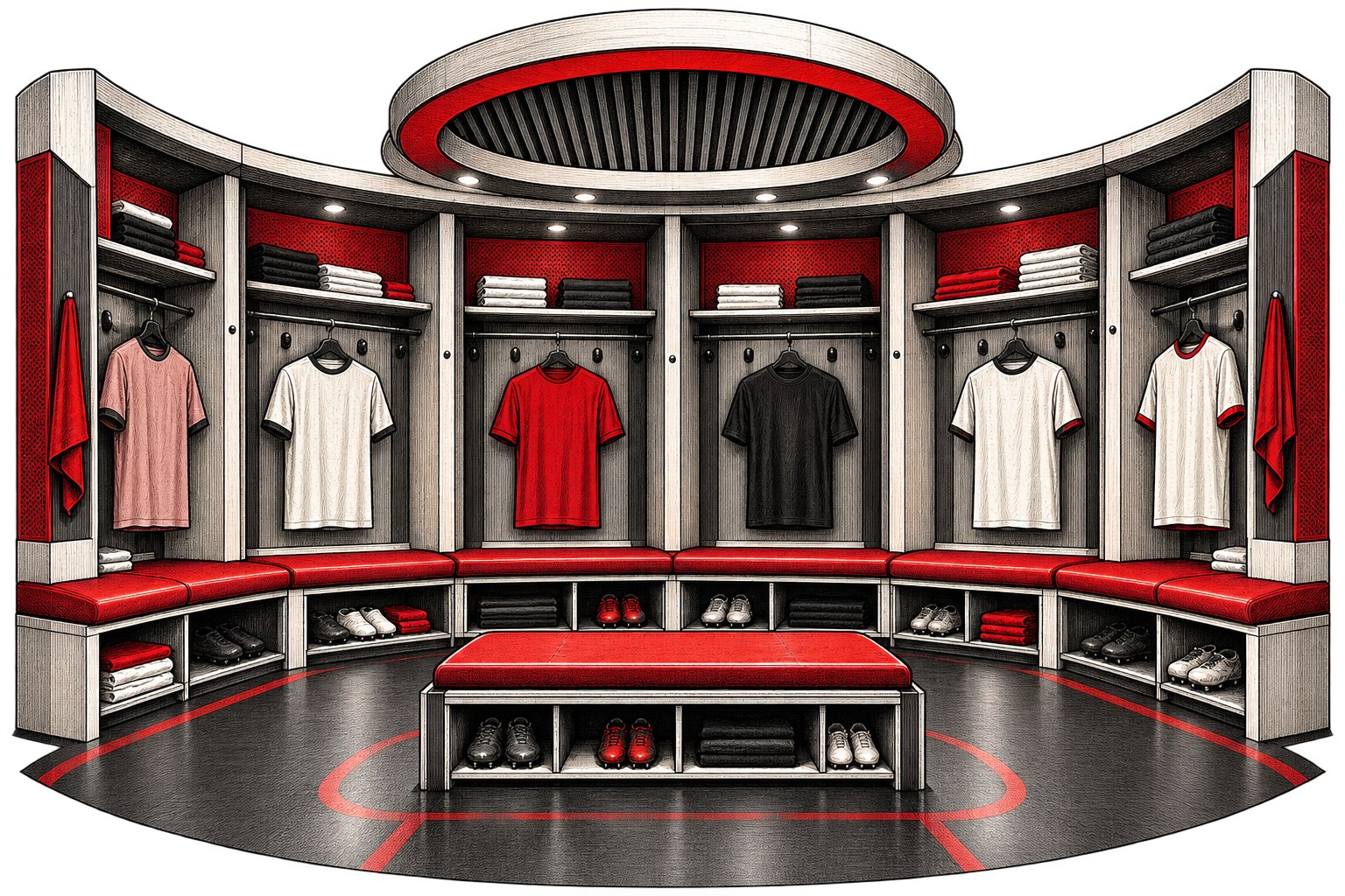 Illustrated professional football dressing room with shirts, lockers and benches